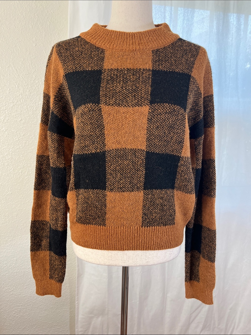 English Factory Black and Tan Buffalo Check Crewneck Sweater. Size S. NWOT
